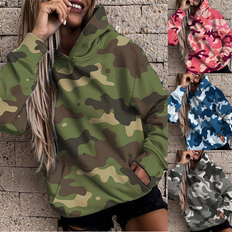 Women's Camouflage Printed Loose Long Sleeves Hooded Women's Sweater, Sweater