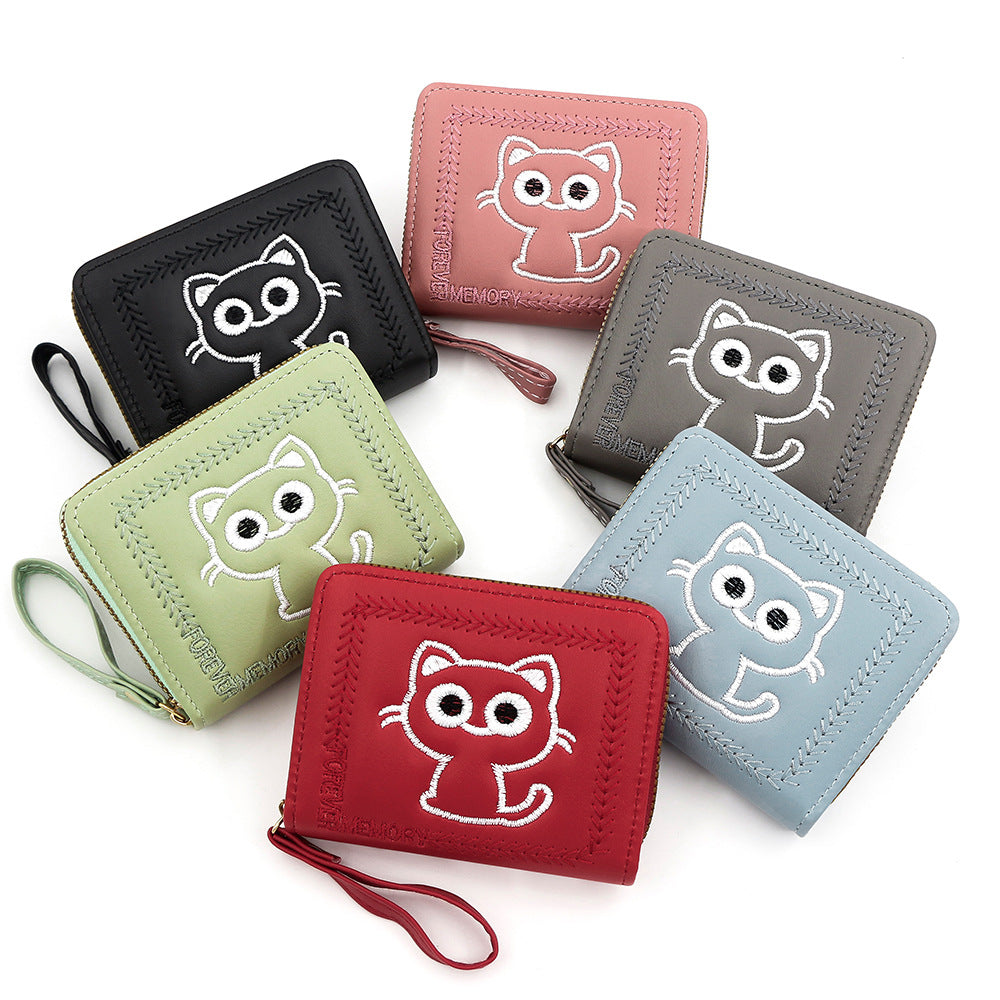 Women's Embroidered Kitty Short Multiple Slots Zipper Ladies Wallets