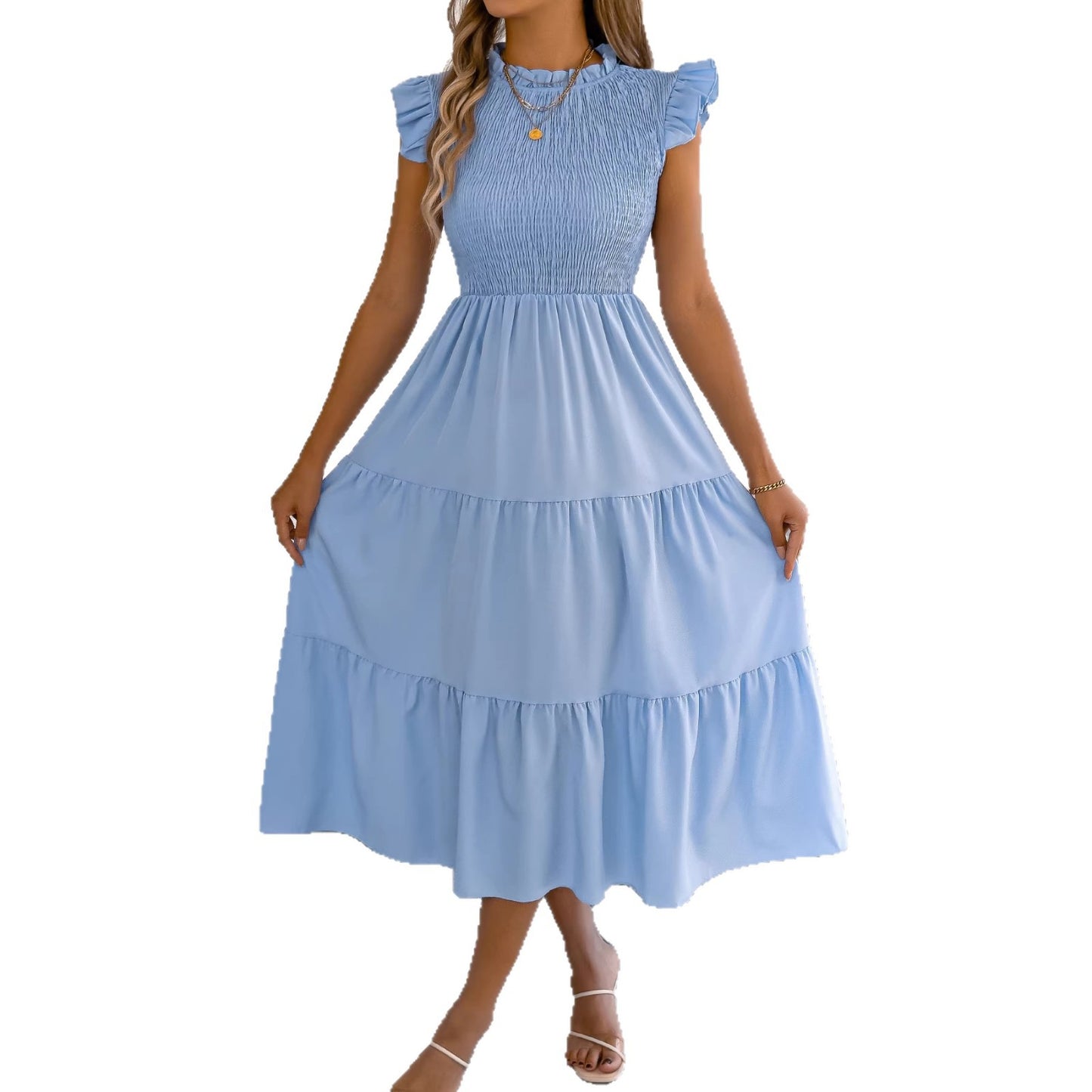 Women's Solid Color Stringy Seedge Flying Sleeves Smocking Dress