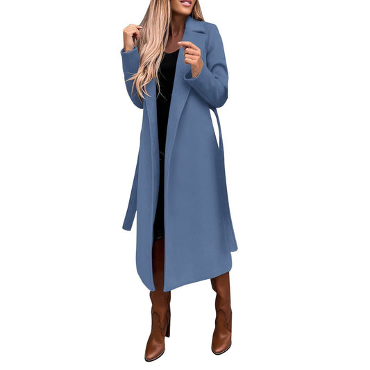 Women's Solid Color Polo Collar Long Sleeve Tied Coats