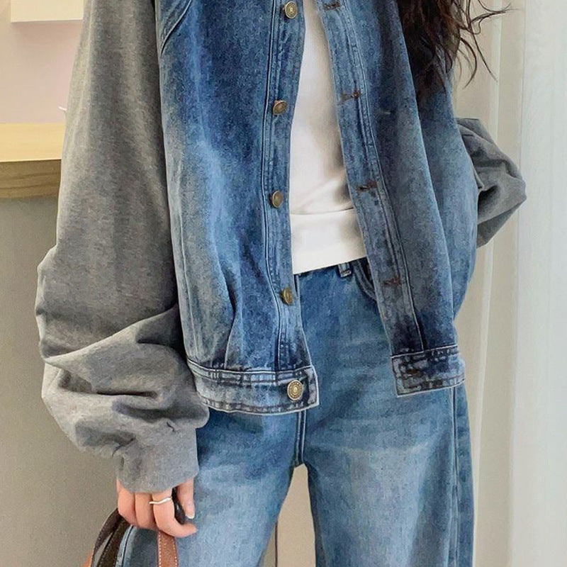 Two Pieces Patchwork Denim Loose Collarless Round Jackets