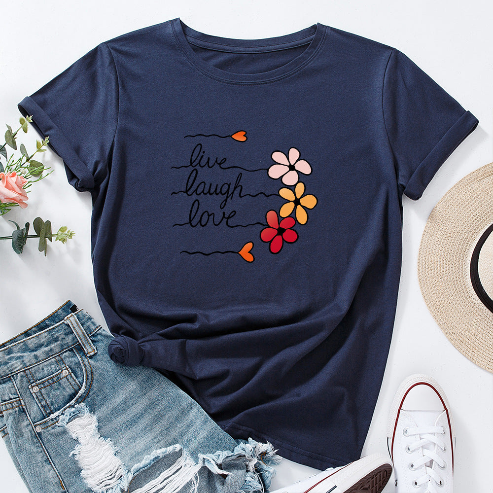 Women's Cotton Loose Round Neck Sleeve Women's T-shirt