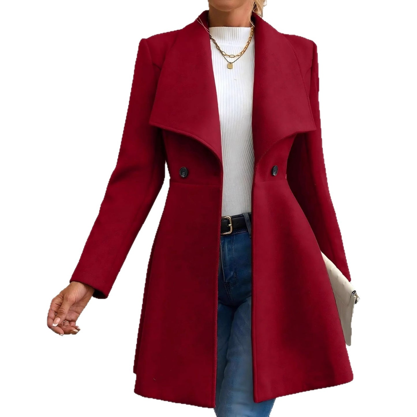 Women's Woolen Solid Color Polo Collar Double-breasted Coats