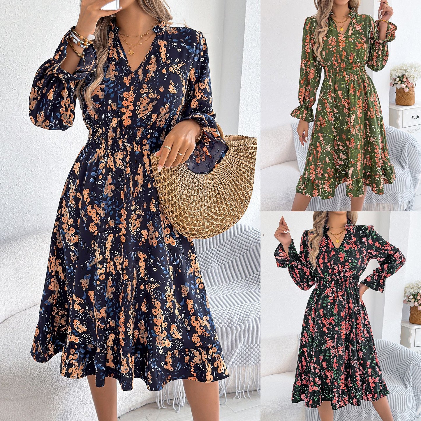 Women's Casual Floral Flared Sleeve Waist A- Dress