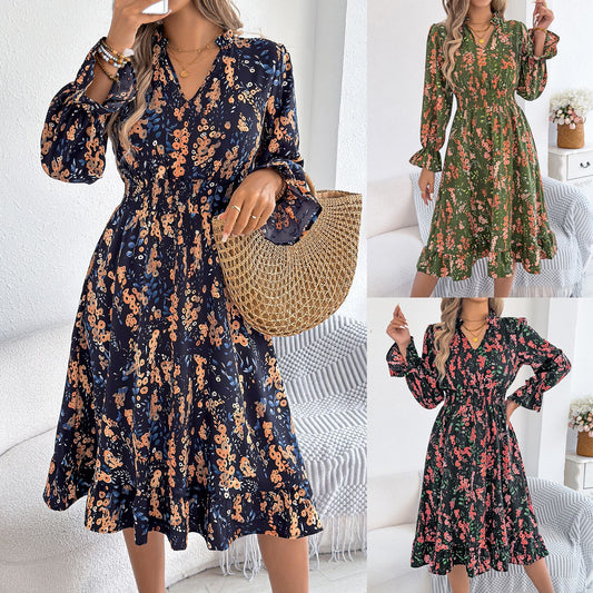 Women's Casual Floral Flared Sleeve Waist A- Dress