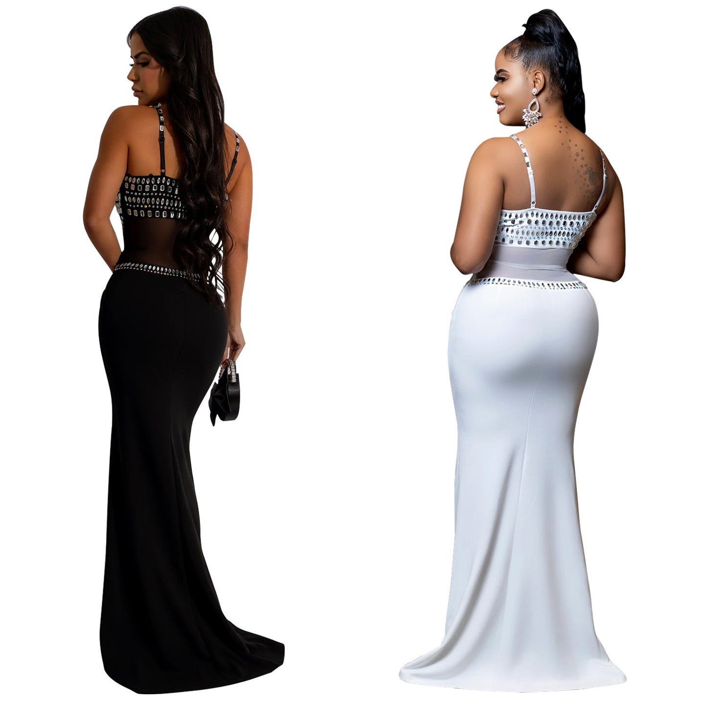 Women's Fashion Wear Rhinestone Mesh Dress Long Dresses