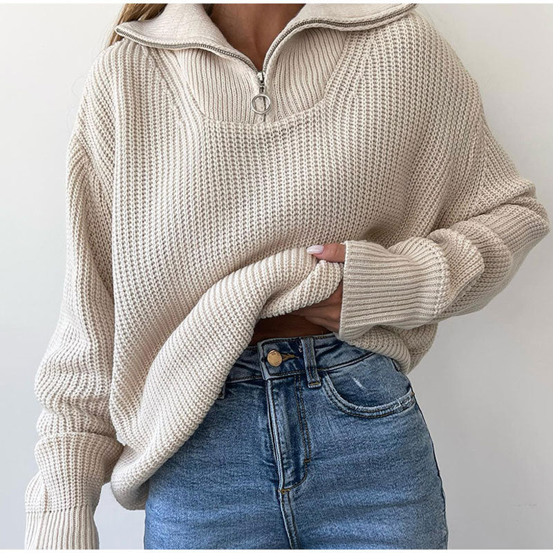 Women's Zipper Pullover Knitted Loose Casual Sweaters