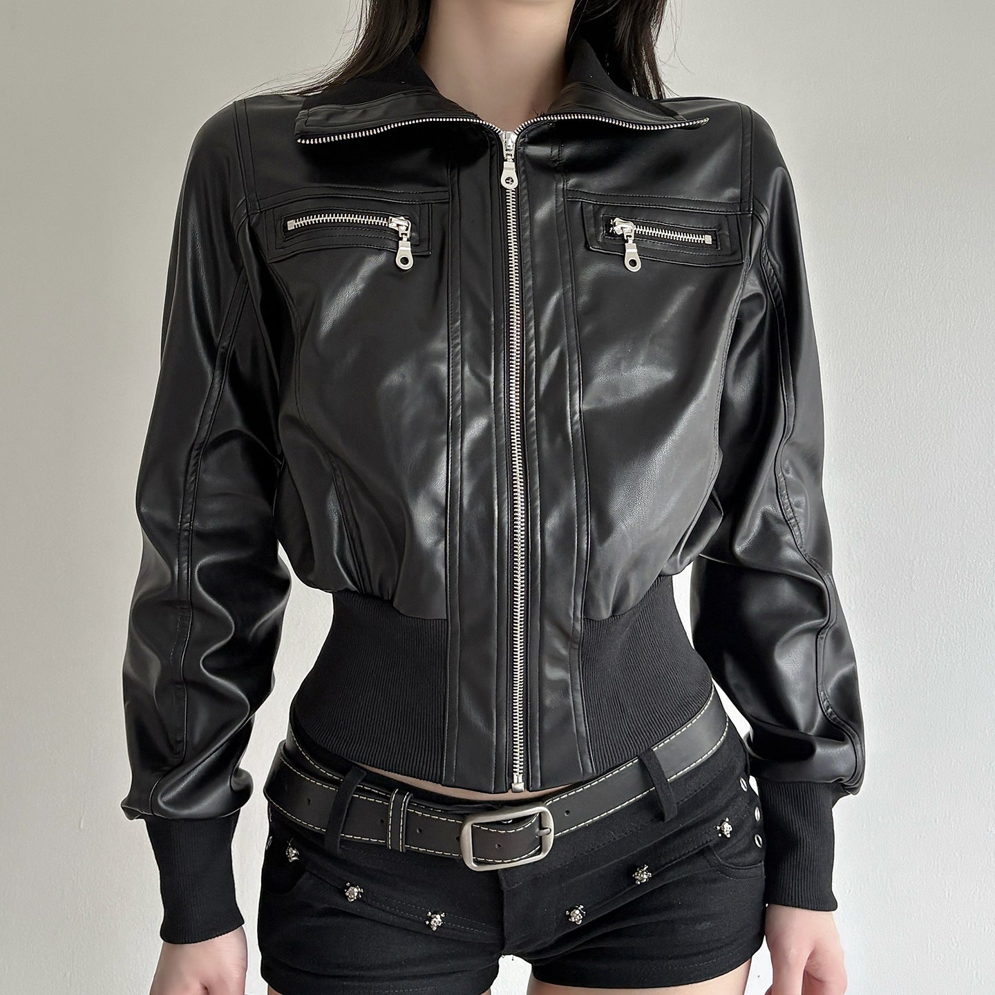 Women's American Style Retro Dark Leather Pocket Stitching Easy Jackets