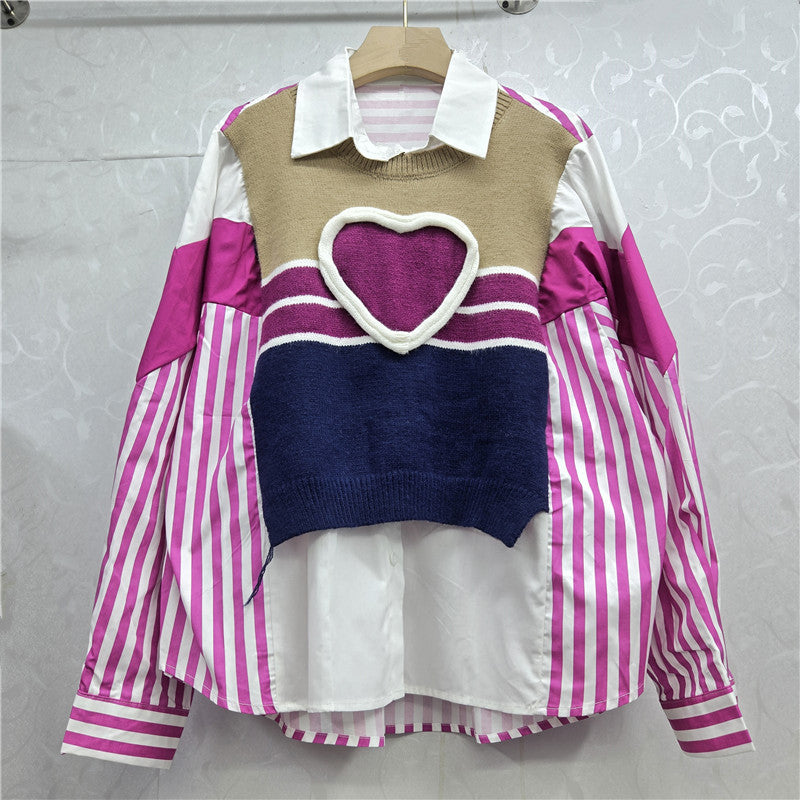 Women's Knitted Shirt Autumn American Stitching Contrast Blouses