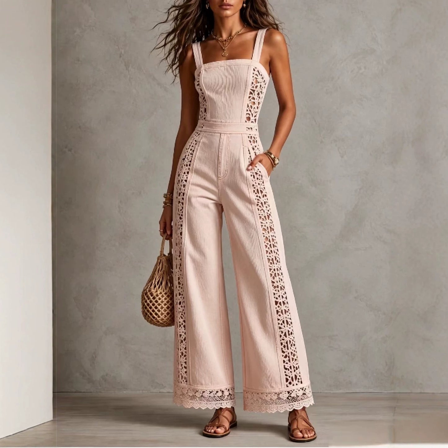 Women's Vacation Style Hollow Crochet Denim Lace Ruffled High Waist Wide Women's Jumpsuit/clothing