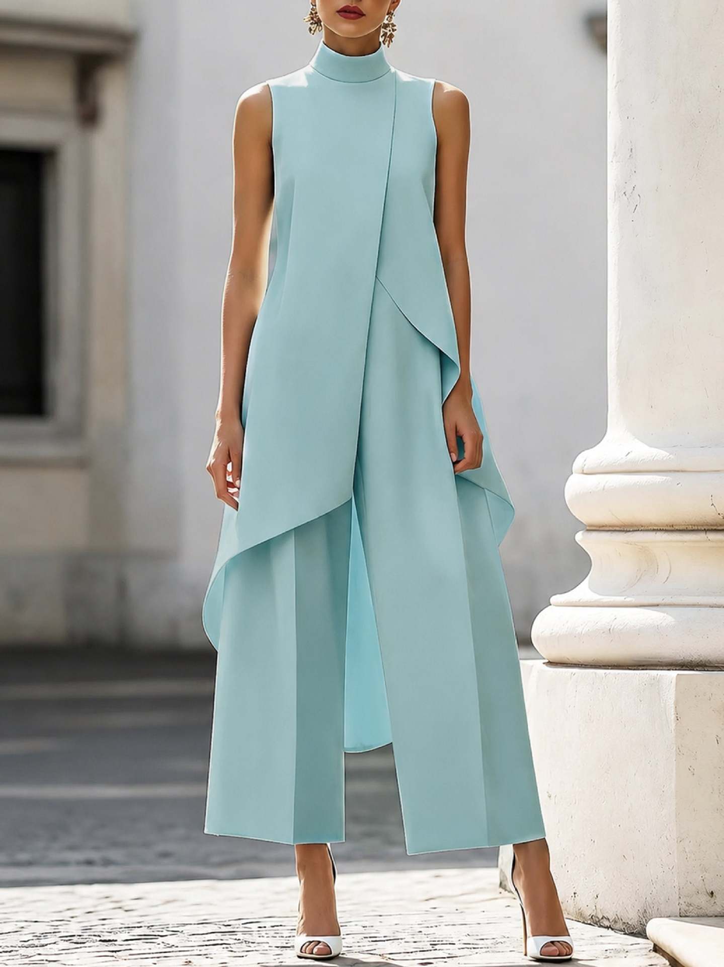 Commuter Slimming Irregular Design Turtleneck Sleeveless Laminated Pants