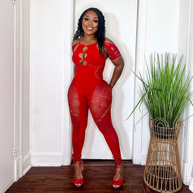 Women's Sleeve Sexy Nylon High Elastic Drilling Slim Jumpsuits