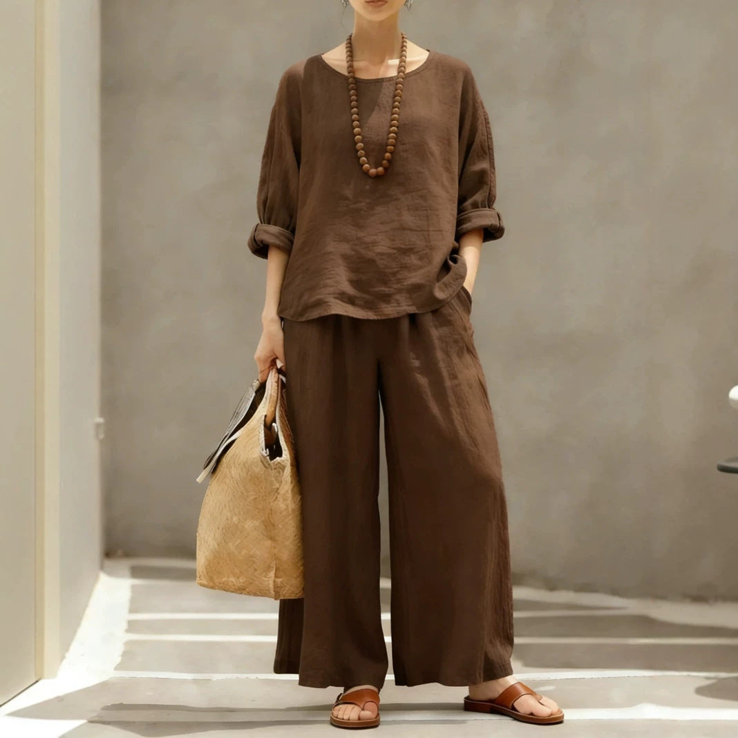 Women's Loose Outfit Cotton Linen Shirt Two-piece Suits