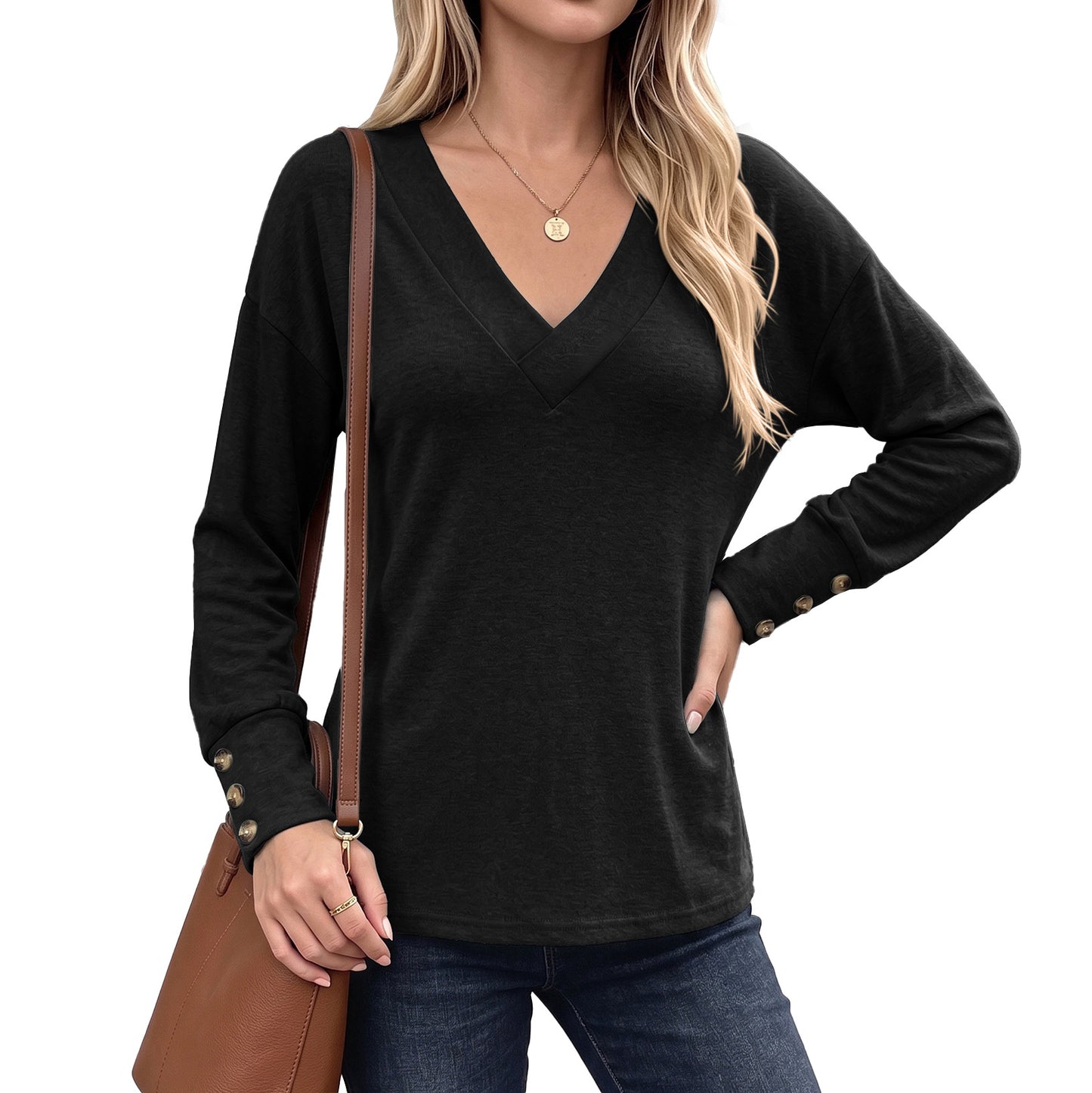 Solid Color Loose Button Long-sleeved Brushed Women's T-shirt