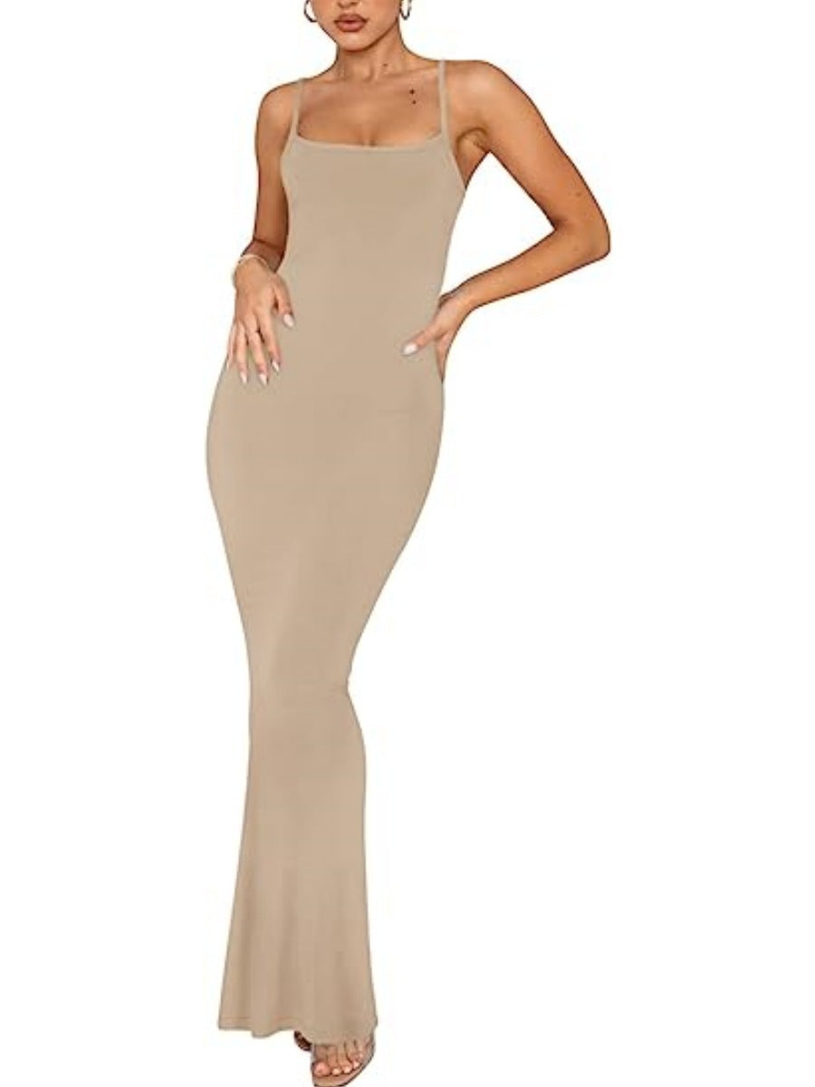 Women's Summer Solid Color Sling Casual Bottoming Rest Sexy Long Dress