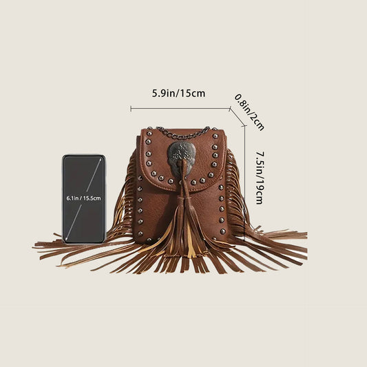 Women's Tassel Retro Rivets Personalized Mobile Chain Shoulder Bags