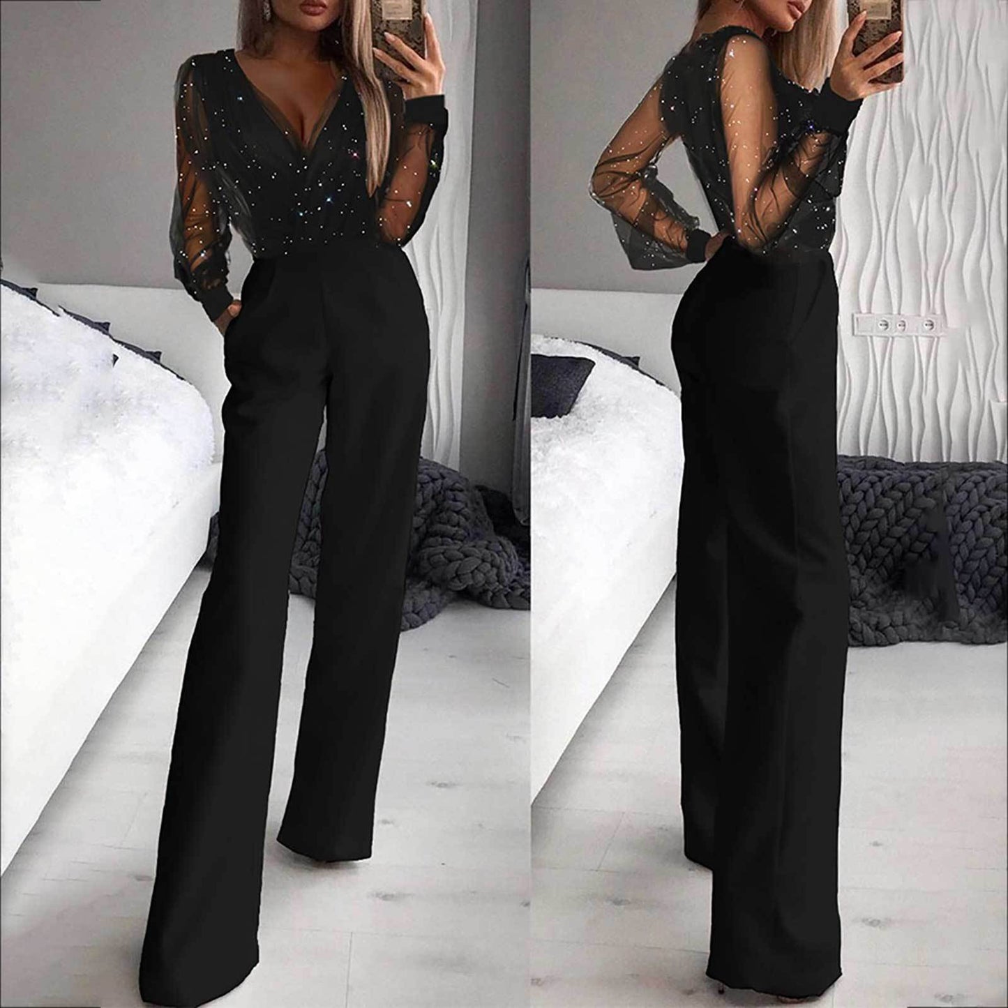 Women's Casual Mesh Dusting Powder Stitching Jumpsuits