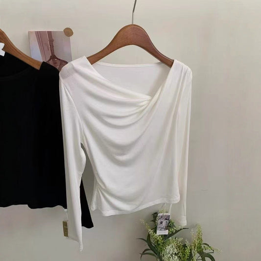 Women's Sexy Pleated Neckline White Bottoming Shirt Autumn Blouses