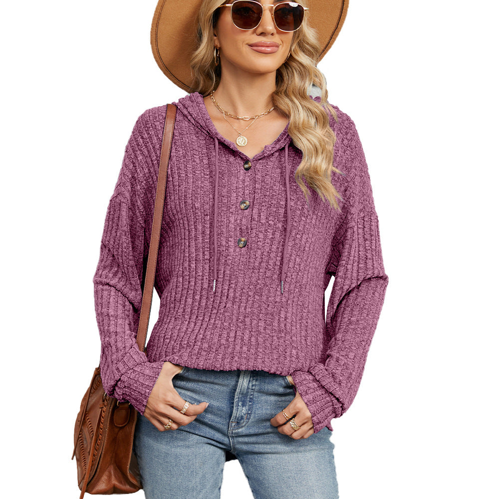 Women's Solid Color Hooded Button Loose Long Women's Sweater, Sweater