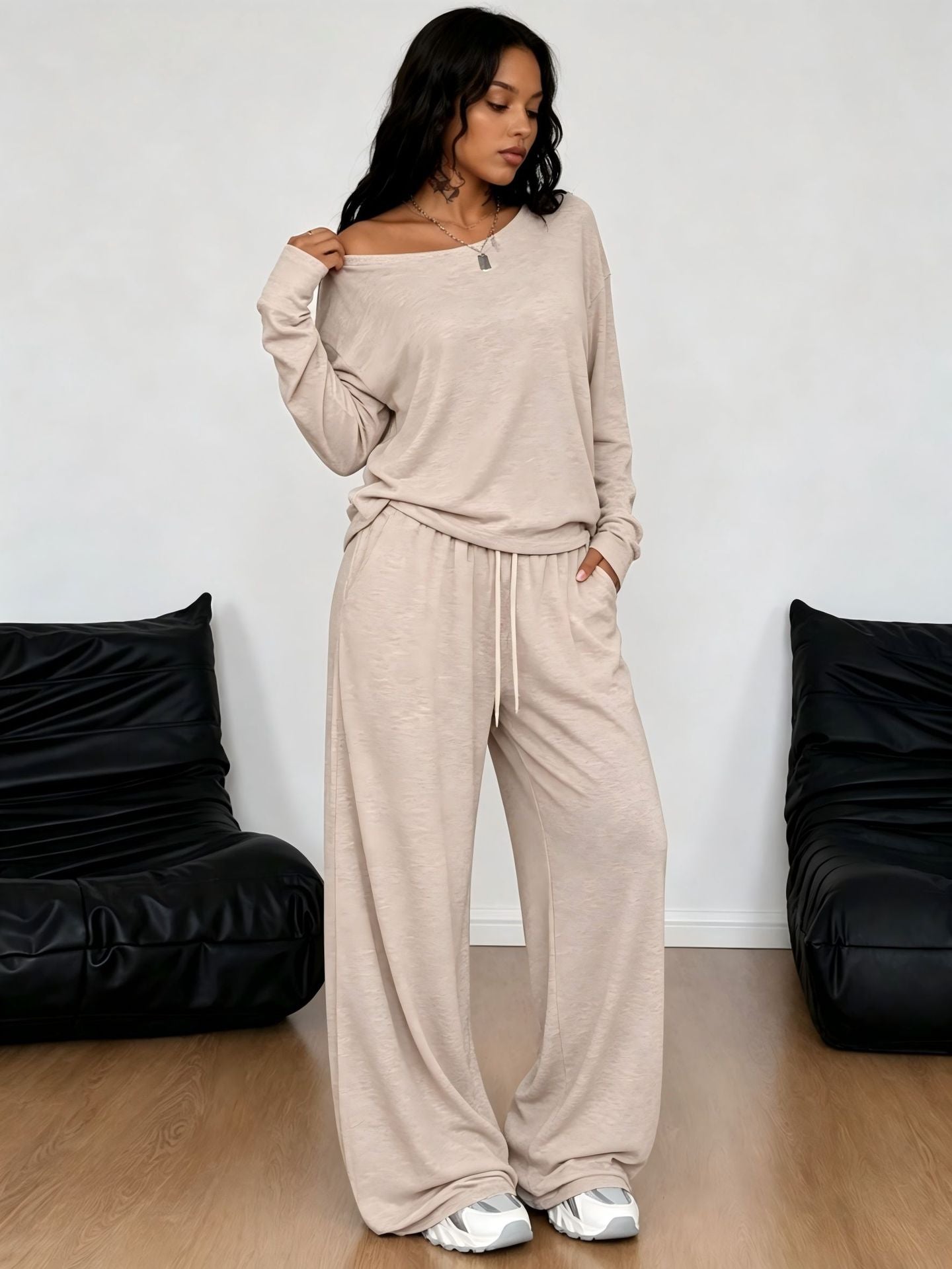 Women's Diagonal Collar Solid Color Sports Two-piece Loose Fashion Casual Suit