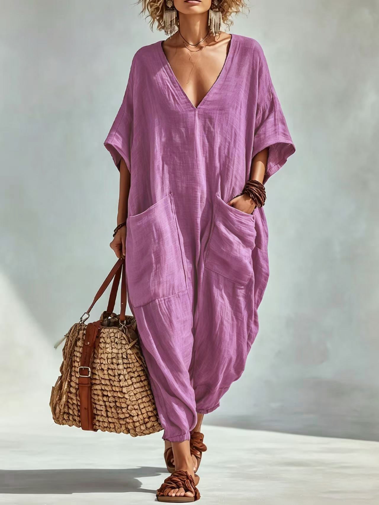 Women's Cotton Linen Loose Large Pocket Bloomers Beach Jumpsuits