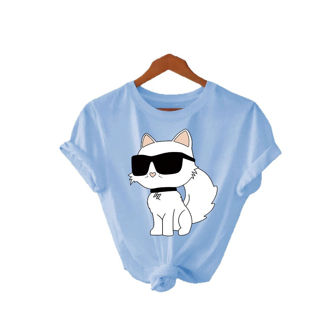 Casual Sleeve Female White Sunglasses Cat Summer Round Neck Women's T-shirt