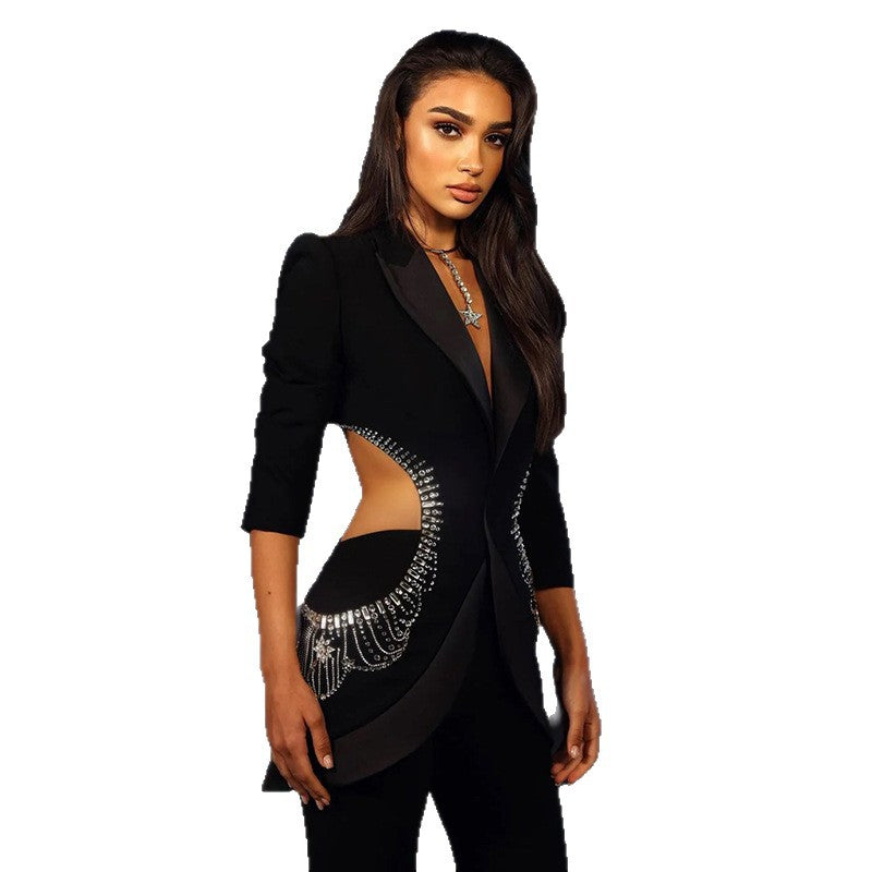 Summer Personality Hollow Out Rhinestone Trousers Fashion Casual Suit