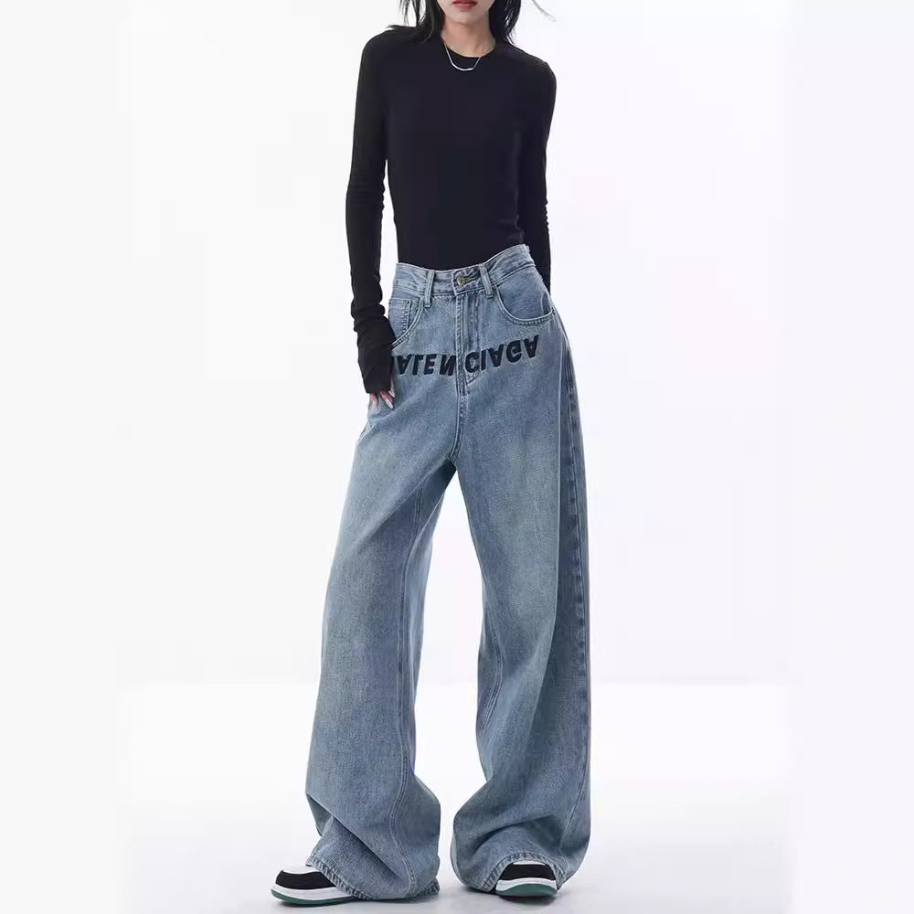 Women's Blue Embroidered Design Loose Mopping Floor Jeans