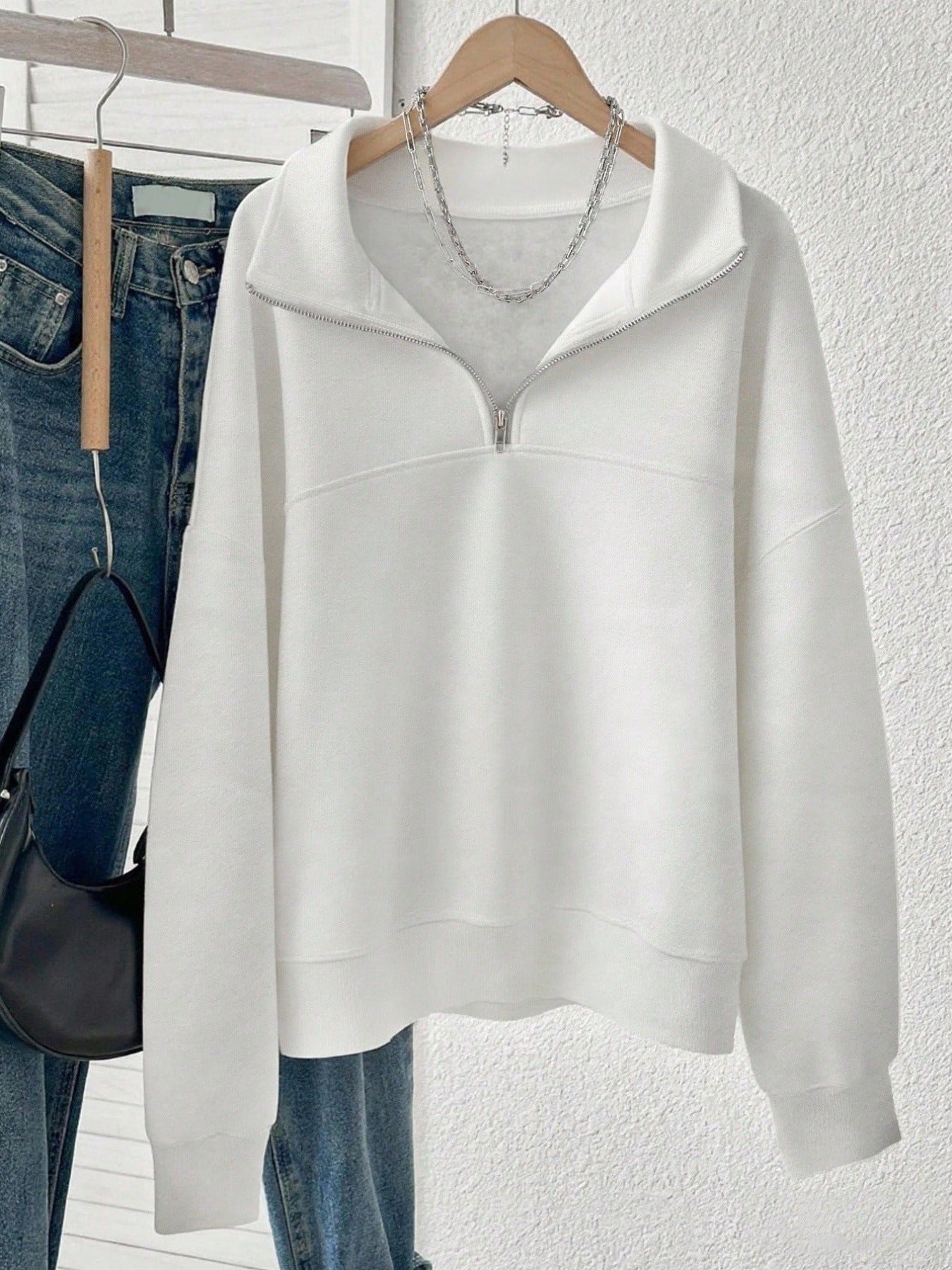 Solid Color Fleece Lapel Half Zipper Fashion Women's Sweater, Sweater