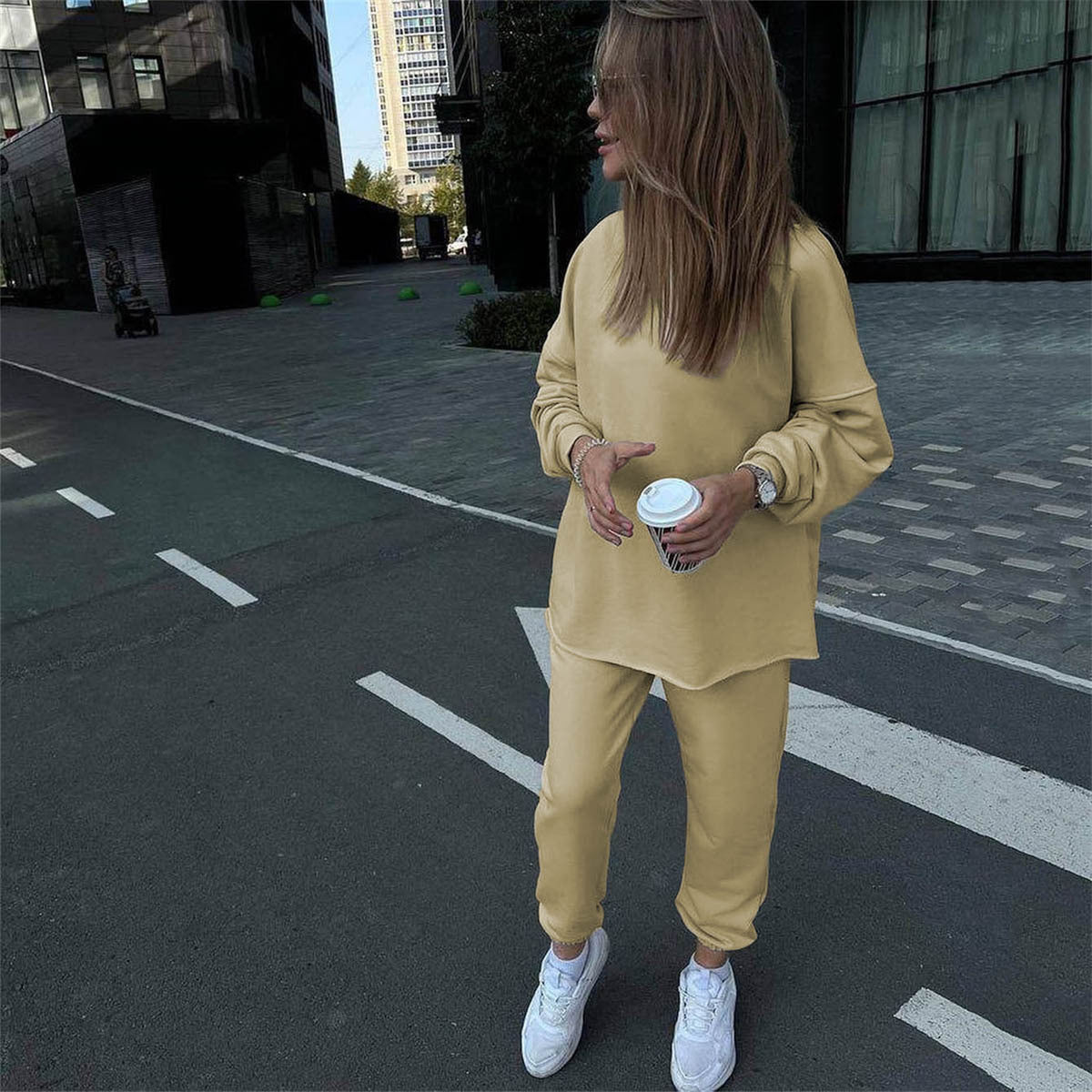 Women's Long-sleeved Crew Neck Pullover Sweatshirt Two-piece Suits