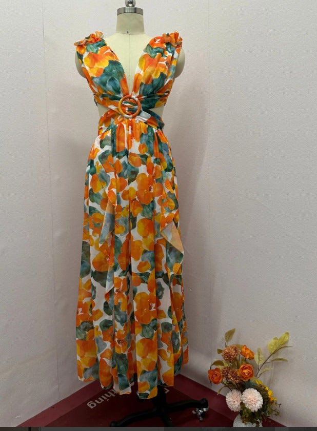 Summer Fashion Pastoral Print Backless Sexy Dresses