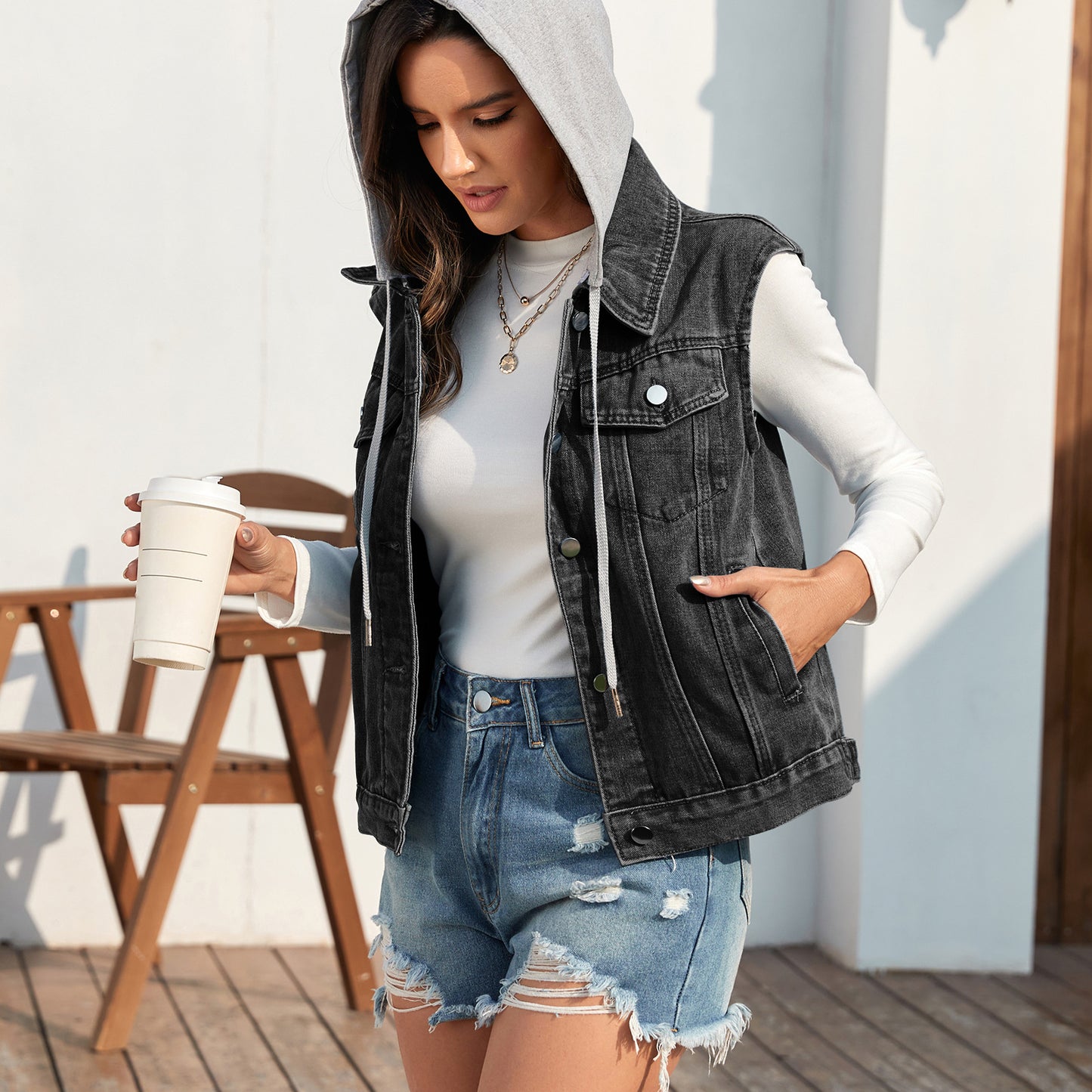 Women's Washed Classic Look Denim Waistcoat For Women's Vest