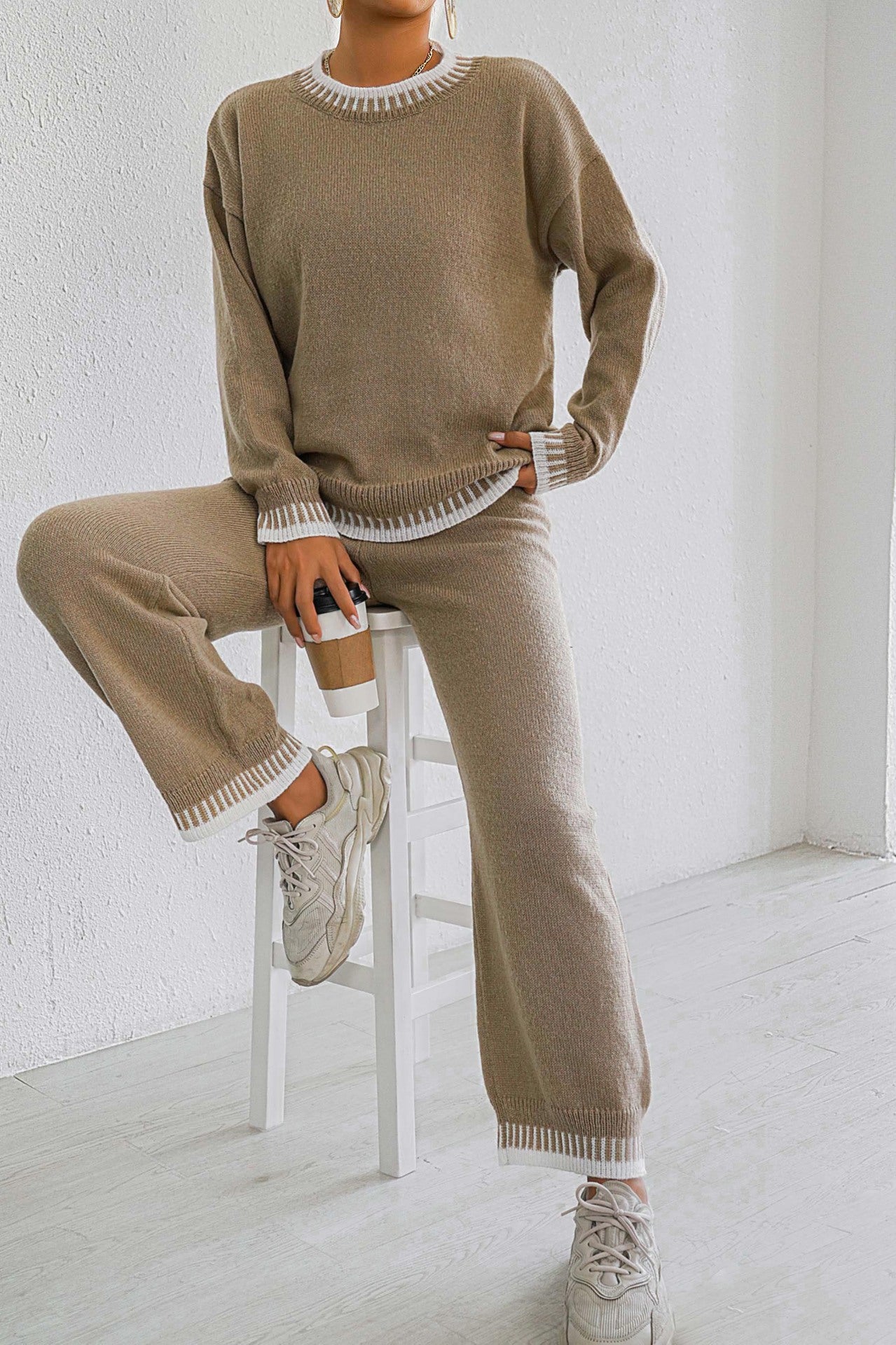 Women's Home Wear Casual Two-piece Color Contrast Patchwork Pullover Straight Sweaters