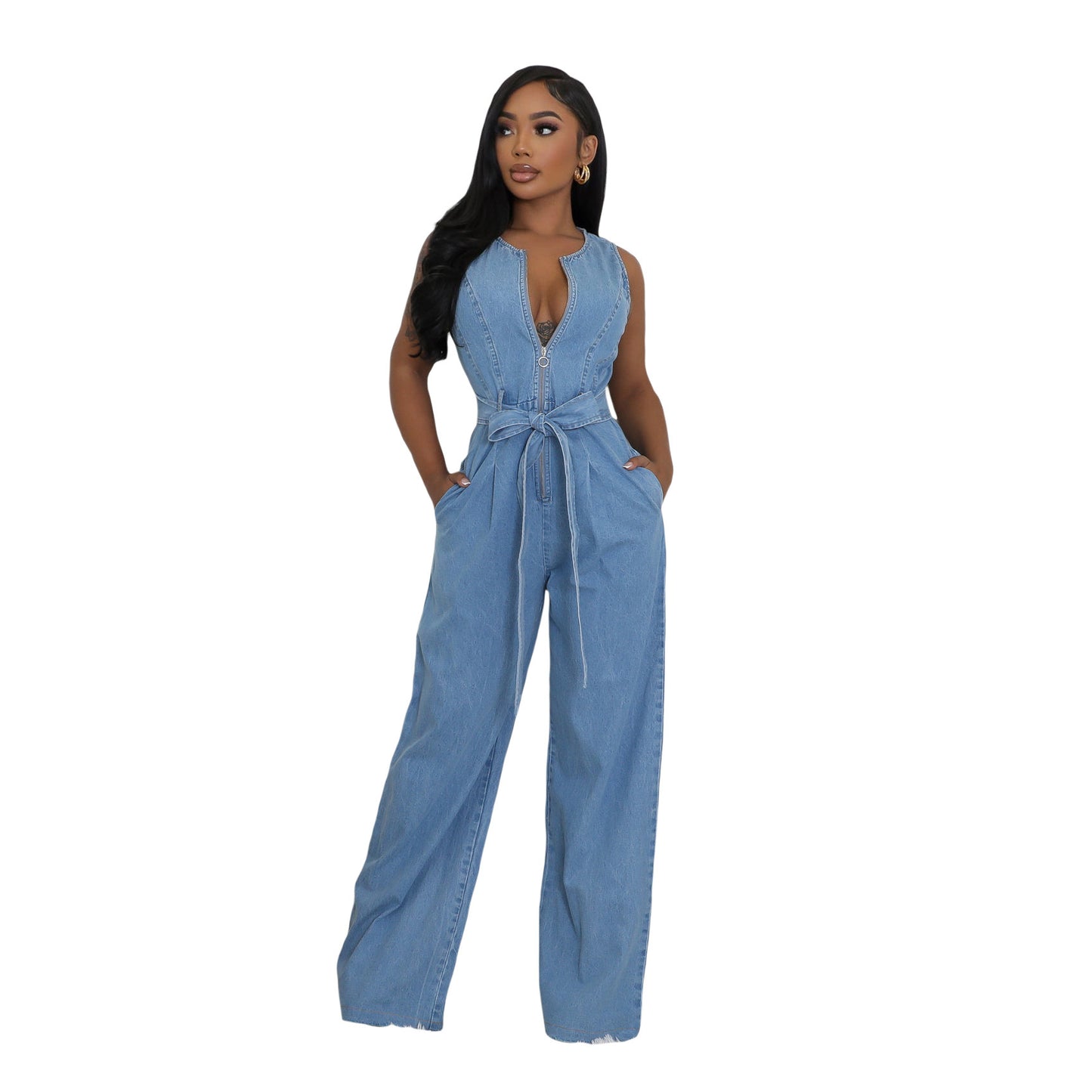 Tight Waist Slim Elastic Washing Denim Jumpsuits