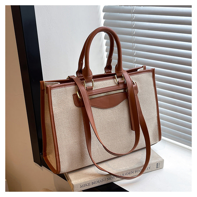 Female Linen Contrast Color Retro Leisure Commute Tote Bags