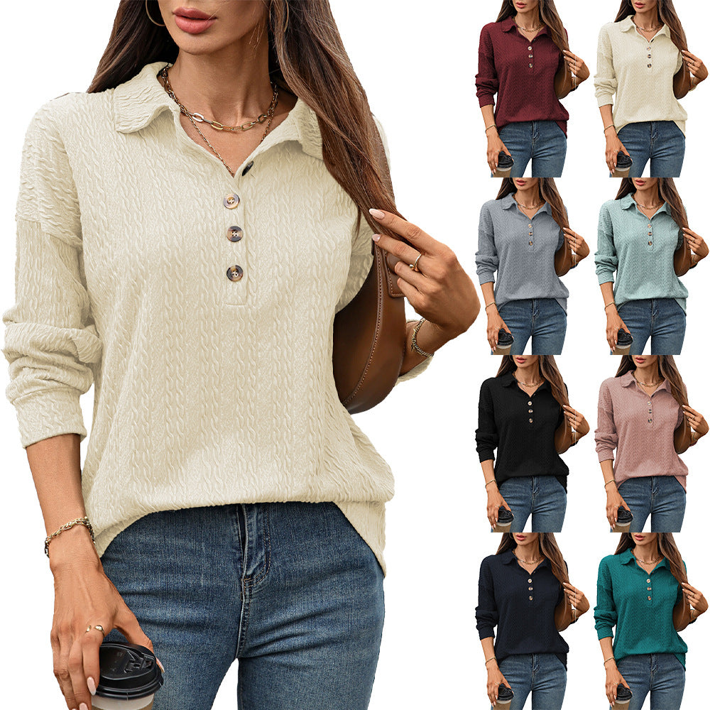 Women's Solid Color Polo Collar Button Loose Long Sleeve Women's Sweater, Sweater
