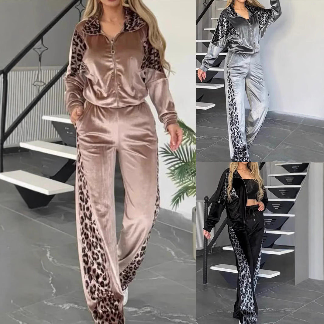 Leopard Print Contrast Color Long-sleeved Sportswear Fashion Casual Suit