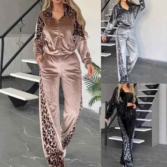 Leopard Print Contrast Color Long-sleeved Sportswear Fashion Casual Suit
