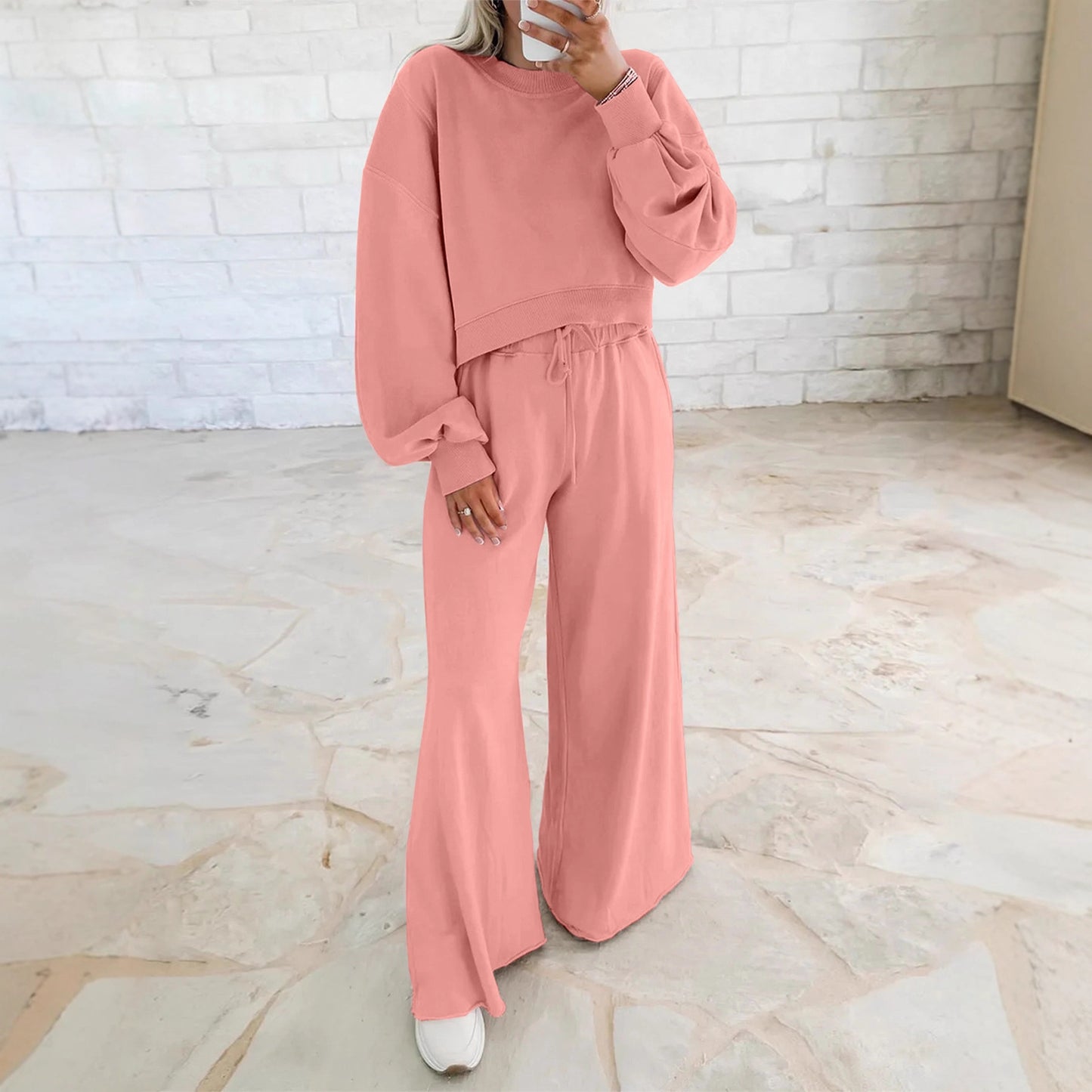 Women's Drop Shoulder Puff Sleeve Pullover Drawstring Wide Pants