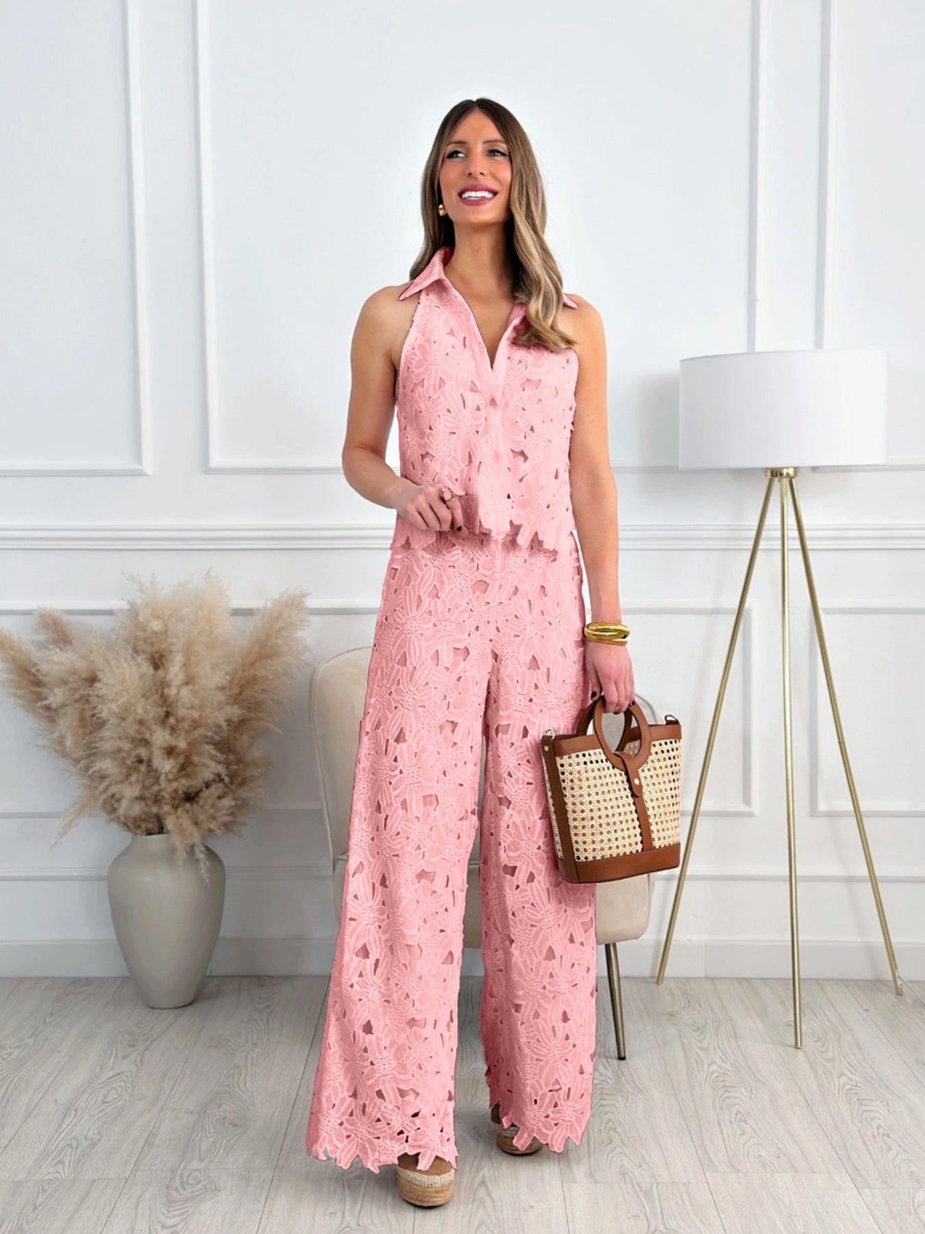 Summer French Style Embroidered Hollow Straight Fashion Casual Suit