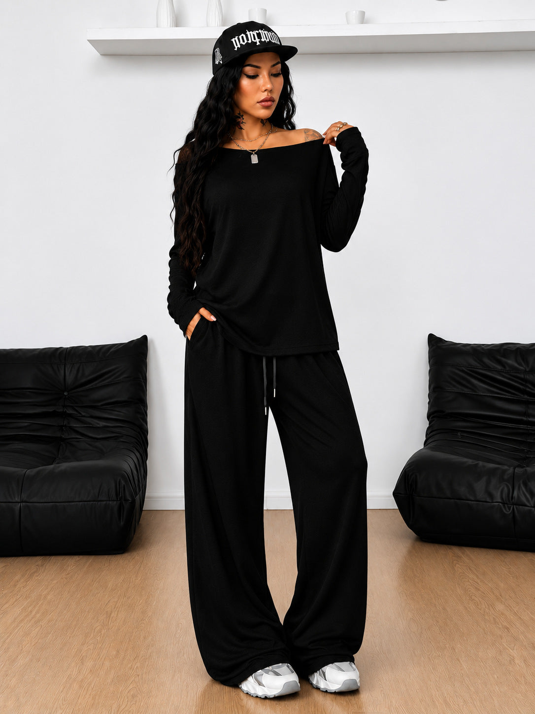Women's Diagonal Collar Solid Color Sports Two-piece Loose Fashion Casual Suit