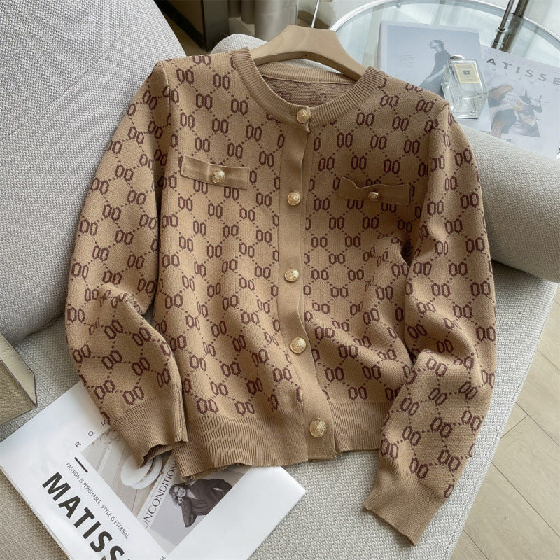 Classic Style Metal Buckle Letter Jacquard Knitted Round Neck Cardigans