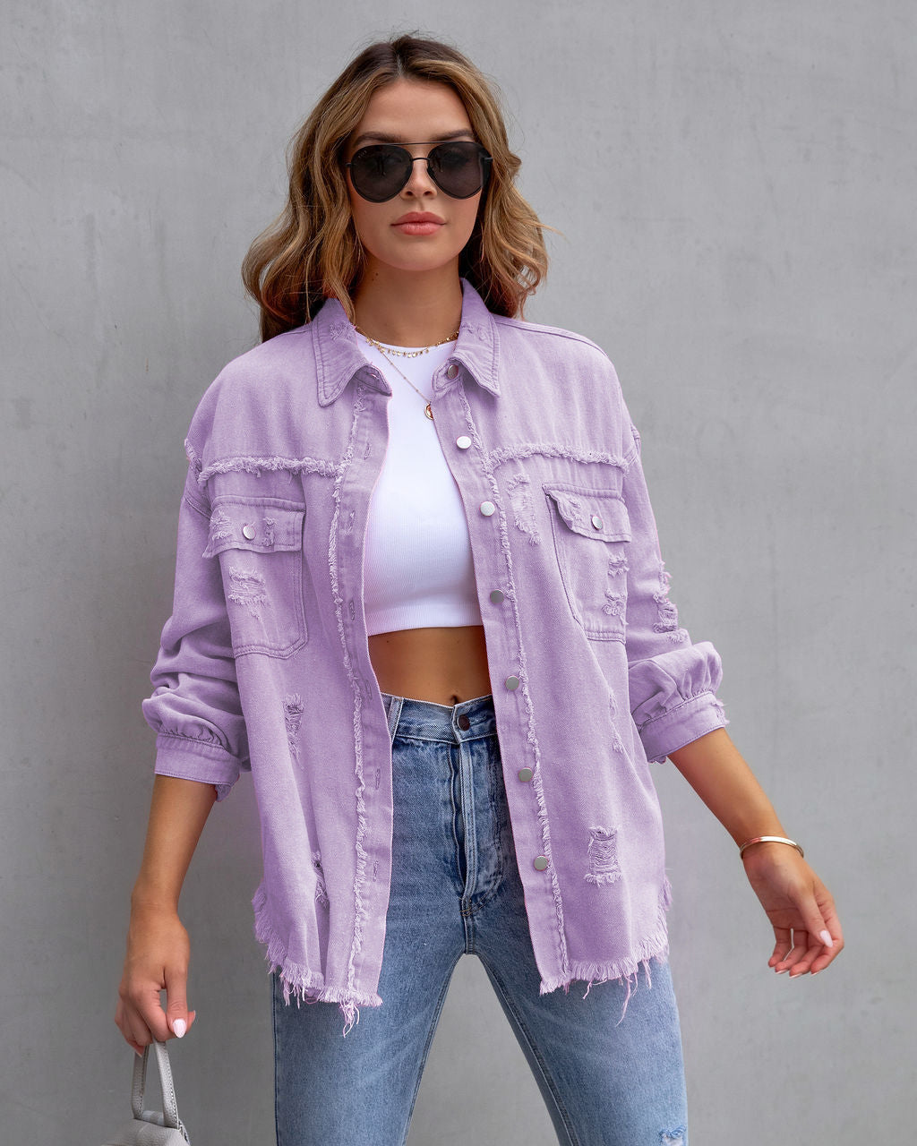 Women's Hem Ripped Denim Long-sleeved Casual Polo Jackets