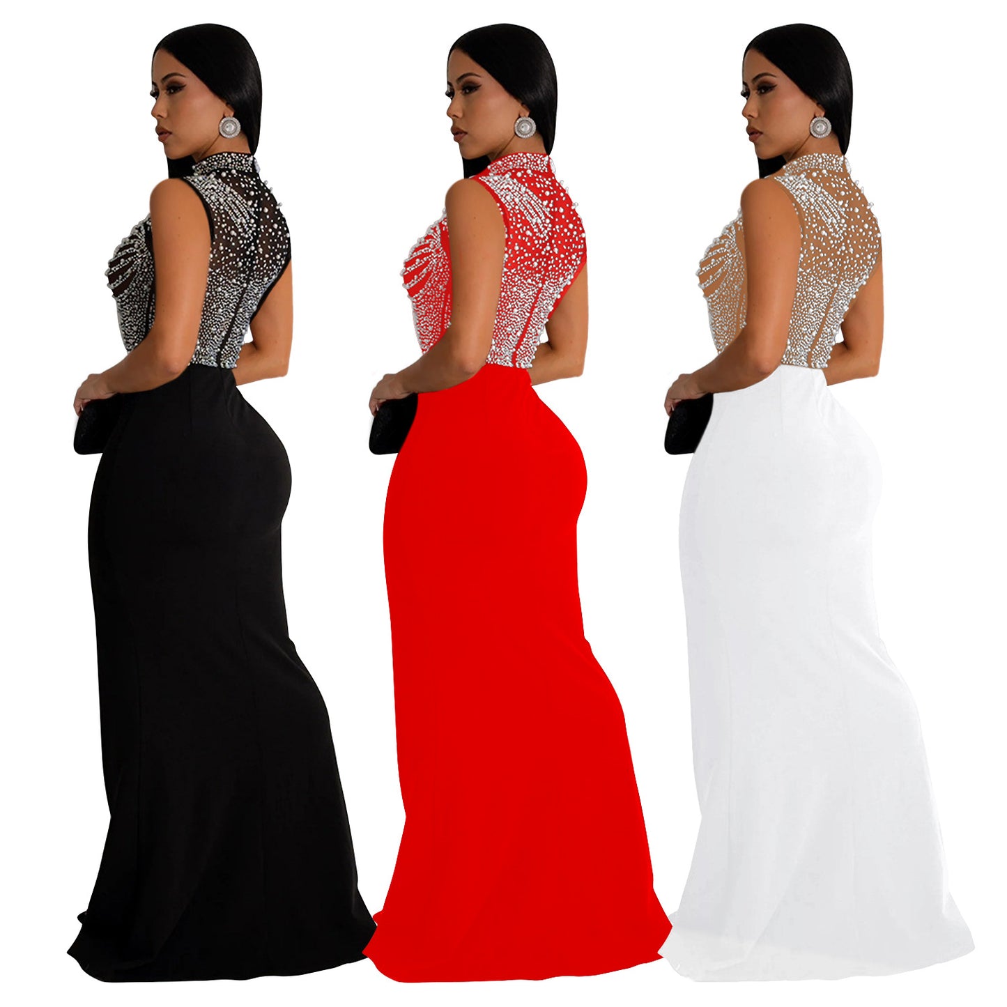 Women's Wear Pure Color Mesh Rhinestone Sleeveless Dresses