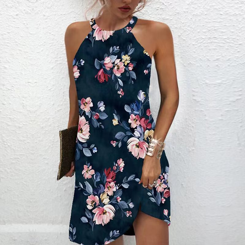Women's Fashion Casual Printing Sleeveless Halter Hollow Dress