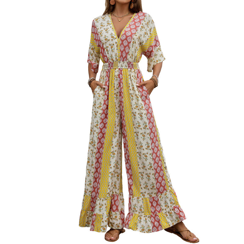 Women's Style Printed Retro Waist Trimming High Jumpsuits