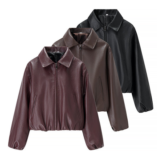 Women's Fashion Loose Lapel Long Sleeves Leather Coats