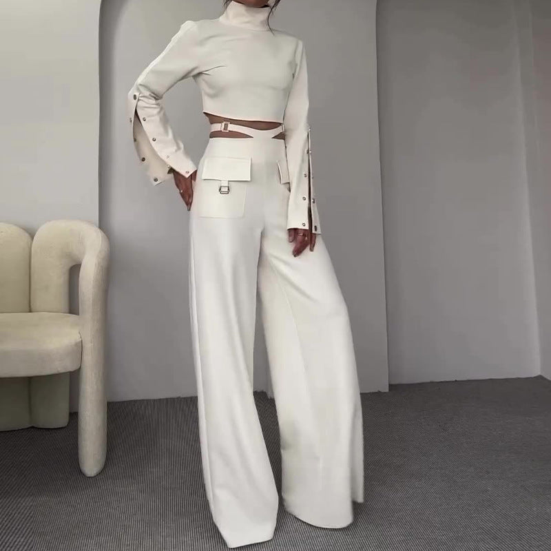 Women's Autumn Turtleneck Solid Color Navel Sweet Spicy Style Loose Suits