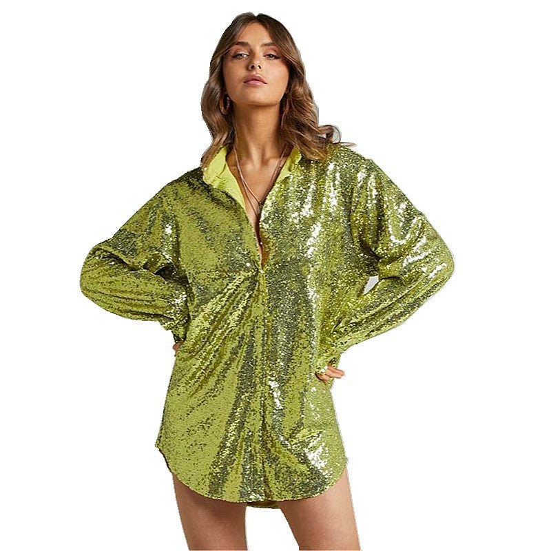 Women's Long Sleeve Loose Large Mid-length Sequined Blouses