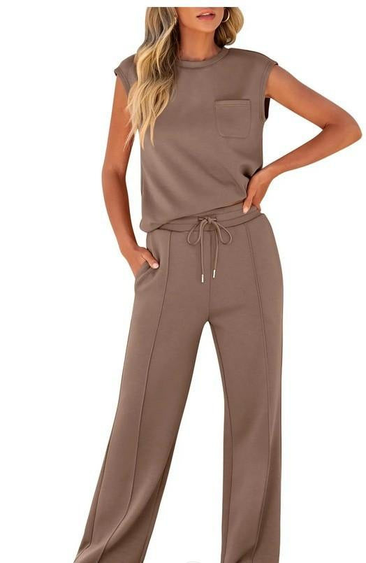 Women's Solid Color Sleeveless High Waist Trousers Suits